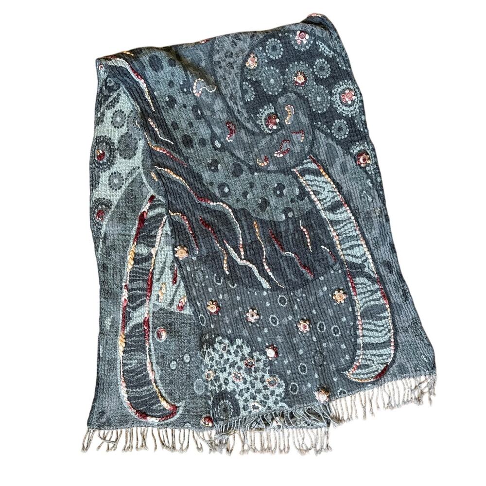 un-things Vintage Wool Shawl Wrap in Pink & Gray Abstract Knit Fringe